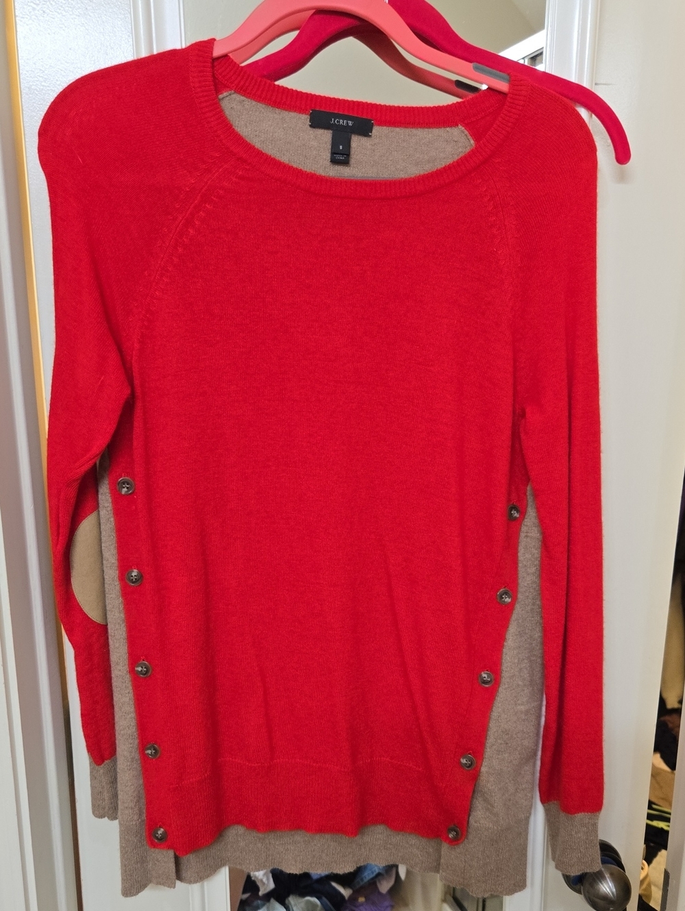J. Crew Red Crewneck Sweater with Tan Side Panels and Buttons